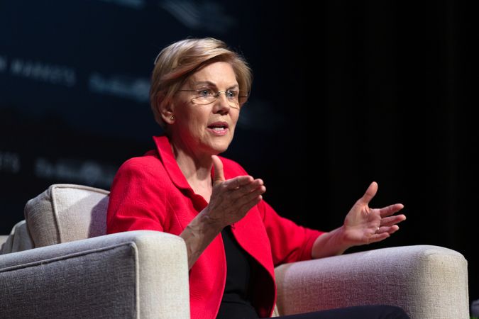 Storm Lake, Iowa, USA - March 30, 2019: Senator Elizabeth Warren speaking at Heartland Forum event