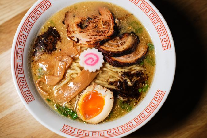 Closeup of tasty ramen with narutomaki and meat