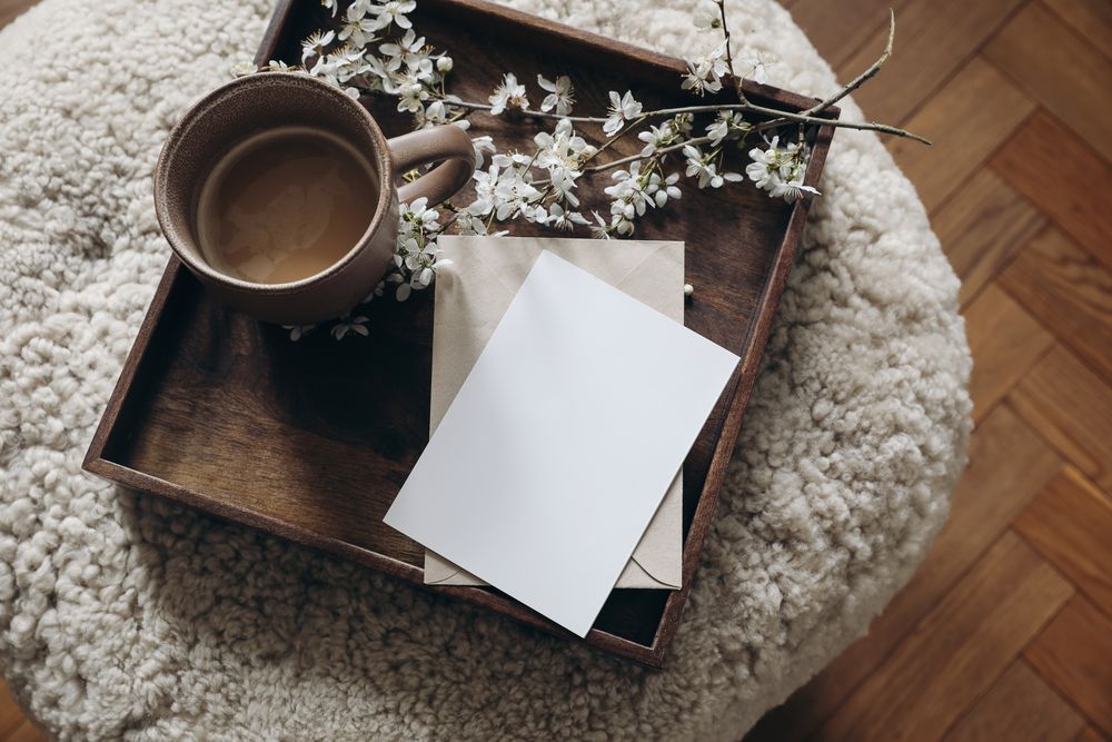 Greeting card mockup, cup of coffee