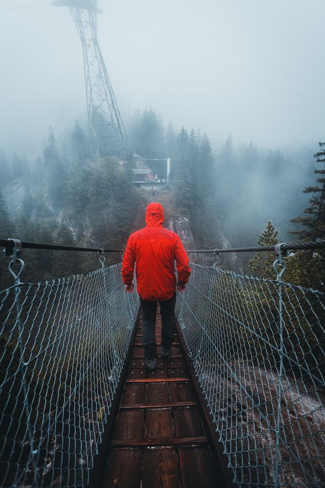 Back view of a person in red jacket walking the rope bridge during daytime