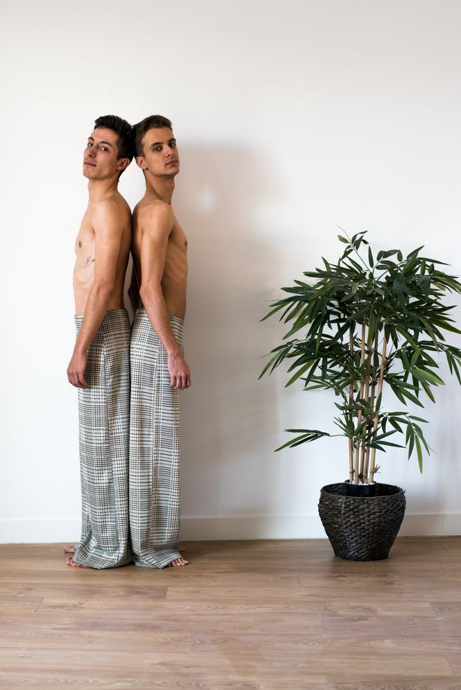 Stylish shirtless gay couple posing