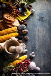 Fall flatlay with nuts, berries, vegetable and fruits on dark wooden background with copy space 5RnZJ5