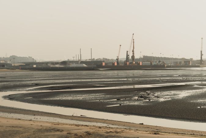 Industrial landscape with sea bay and port cranes