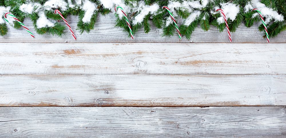 Snowy Christmas evergreen branches and candy canes on vintage wooden planks
