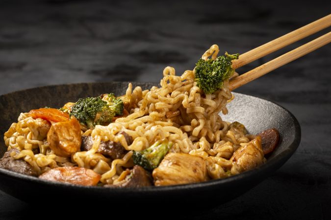 Yakisoba noodles. Yakisoba dish with meat, chicken and vegetables.