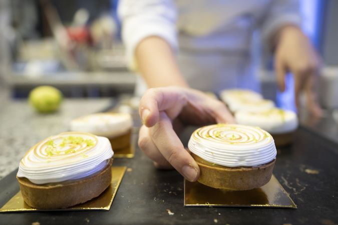 Delicious meringue cake into a bakery display