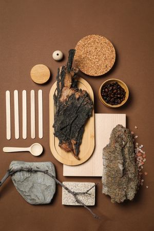 Flat lay of creative moodboard composition, top view