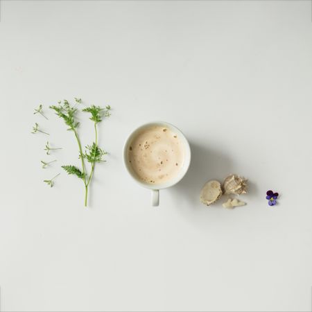Coffee cup with flowers and sea shells, on light background