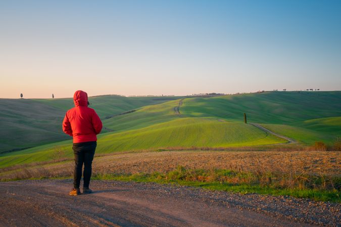 Traveling man walking on green rural road