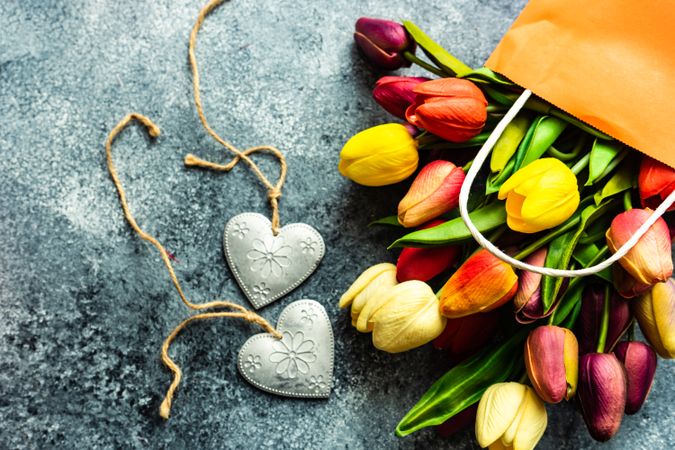 Valentine's day concept with heart shaped ornaments with fresh tulips on grey counter
