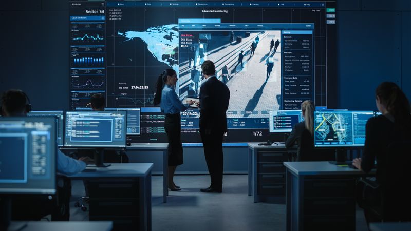 Surveillance Center Monitors Global Activity. Analysts Discuss Data on Large Screens Displaying World Map, Crowd Footage, and Statistics.