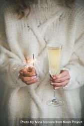 Woman holding crystal flute of champagne and sparkle and sweater 5QKQEb