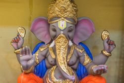 A beautiful idol of Lord Ganpati on display at a workshop in Mumbai, India for the festival of Ganesh Chaturthi
