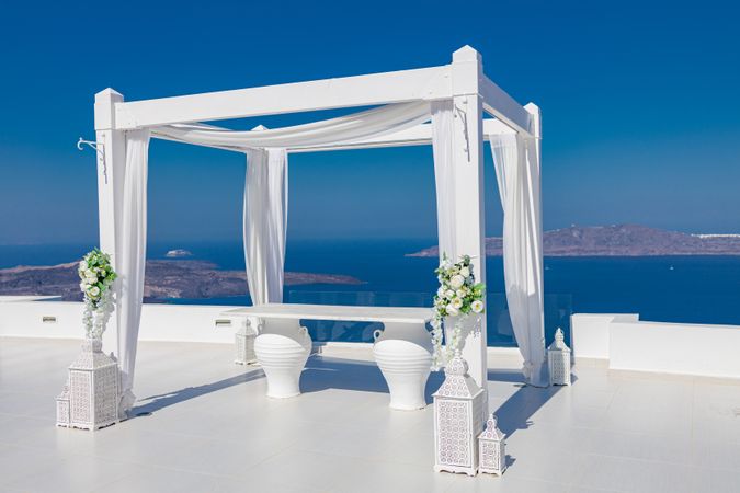 Canopy on a patio in Santorini, overlooking Green Islands