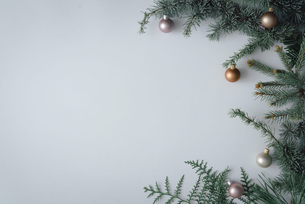 Christmas tree branch bordering left of light background with golden bauble decorations