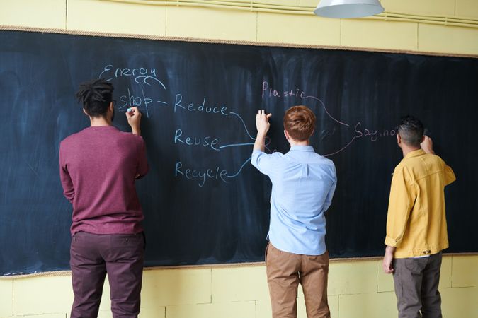 Back view of young men writing pollution control strategy on chalk board
