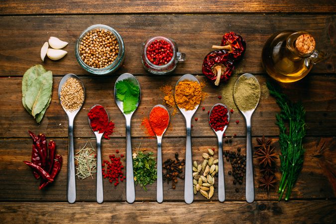 Set of various spices on table