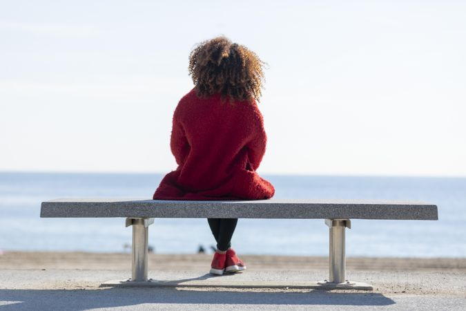 Back of calm woman enjoying view on seat overlooking the ocean