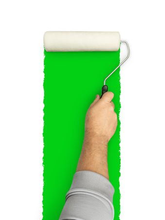 Male Hand Rolling Paint Roller Over Green Screen Background.