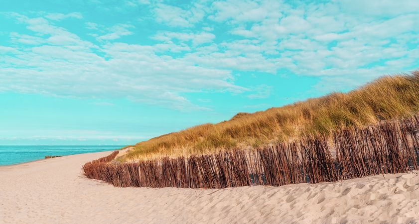 Landscape with the beautiful beach on Sylt island under a blue sky