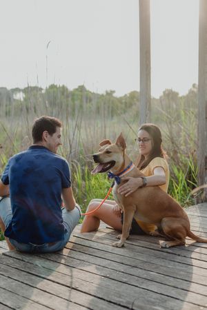 Cheerful adult couple playing with dog at countryside