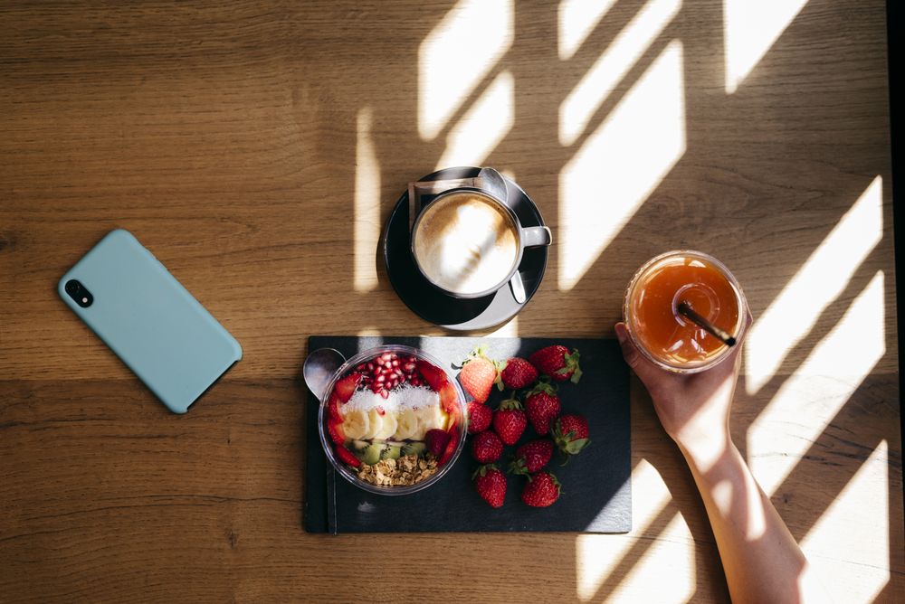 Top view of woman's lunch at cafe