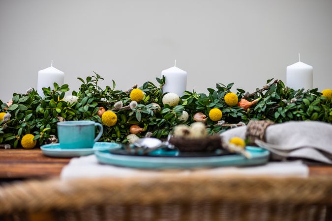 Easter table setting with leafy center piece