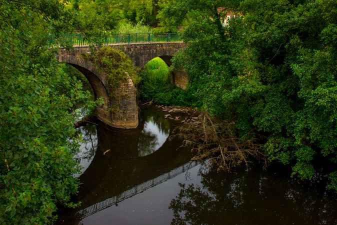 Tranquil river in green vegetation with aged bridge