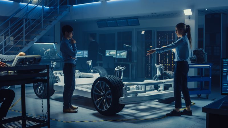 Automotive Design Engineer and Scientist with Tablet Discuss the Electric Car Chassis Prototype.