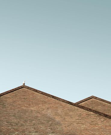 Roofs of two buildings against a blue sky