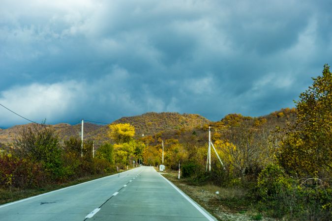 Autumnal Georgian mountain highway in Gombori pass on overcast day