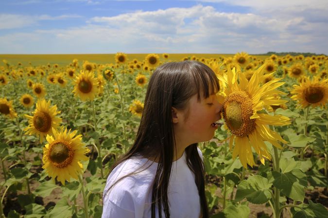 Young female standing in a sunflower field and smelling a flower