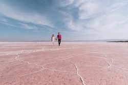 Happy relaxed travelers enjoying unusual scenery of pink salt lake in sunny day