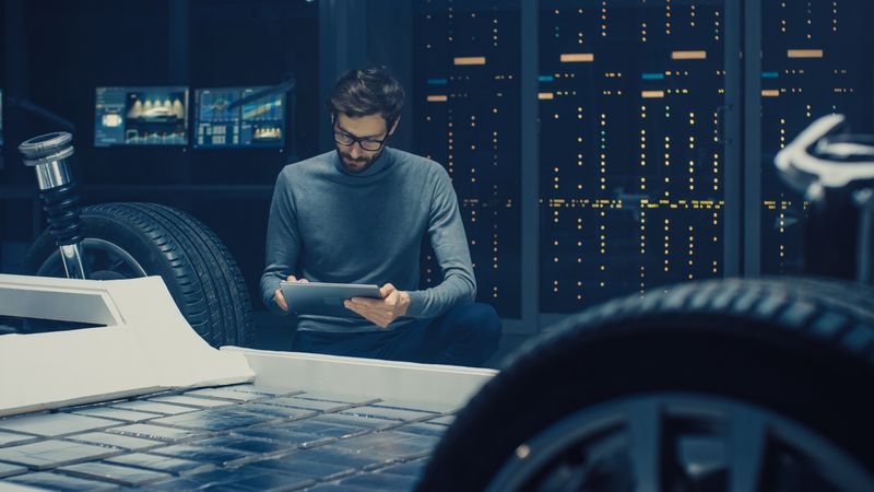 Automobile Design Engineer Sitting Beside Hybrid Electric Car Chassis Platform Prototype, Using Tablet Computer for Design Enhancement