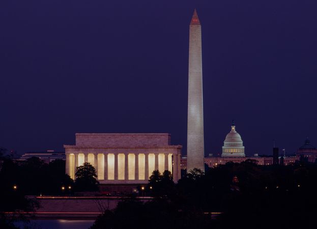 Lincoln Memorial, Washington Monument, and US Capital by night, Washington, D.C.