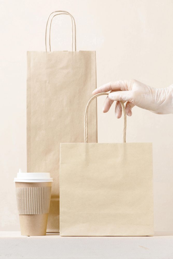 Gloved hand holding paper bag