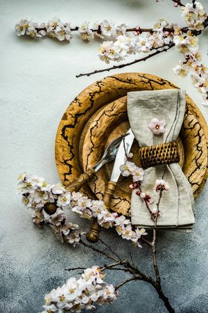 Minimalistic table setting with apricot blossom with rustic brown plates