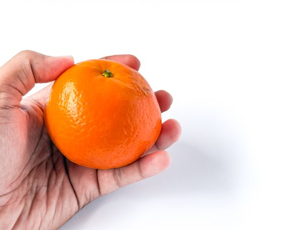 Hand Holding Fresh Orange Fruit Isolated on Light Background