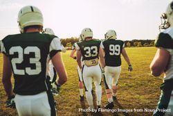 Rearshot of football team walking together on the field be1zlb
