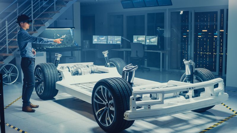 Automotive Engineer Working on Electric Car Chassis Platform, Using Augmented Reality Headset and Making Gestures.