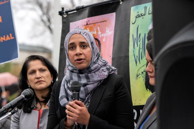 Washington DC, USA - April 26, 2018: Zahra Billoo speaking at rally outside Supreme Court