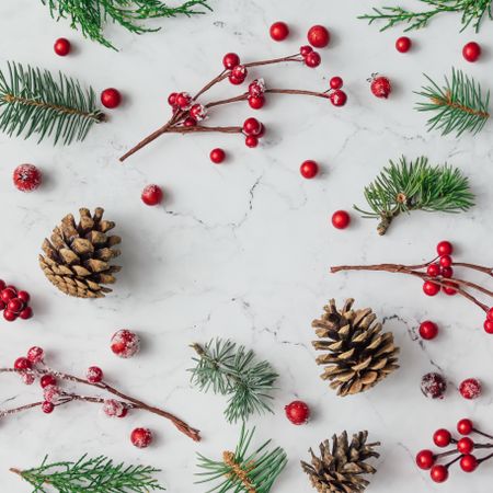 Pattern made of pine cones, pine needles, and holly berries on marble background