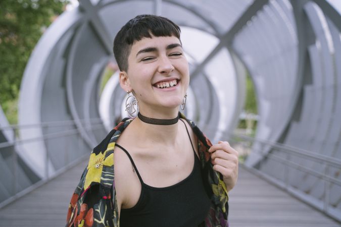 Woman in colorful shirt smiling