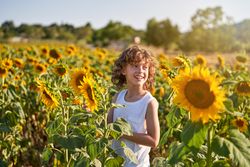 Cheerful boy standing in sunflower field