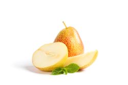 Fresh sweet pears with mint isolated on blank background