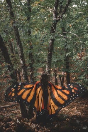 Woman in butterfly costume in forest