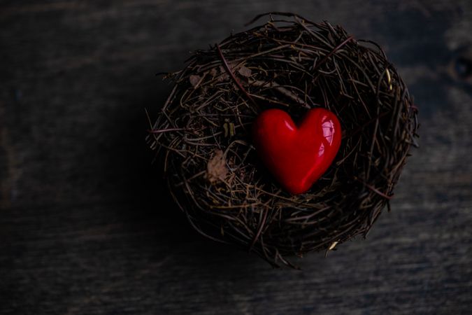 Valentine's day concept with top view of bird's nest with red heart ornaments