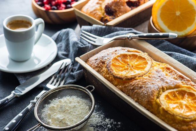 Delicious orange cake with espresso shot