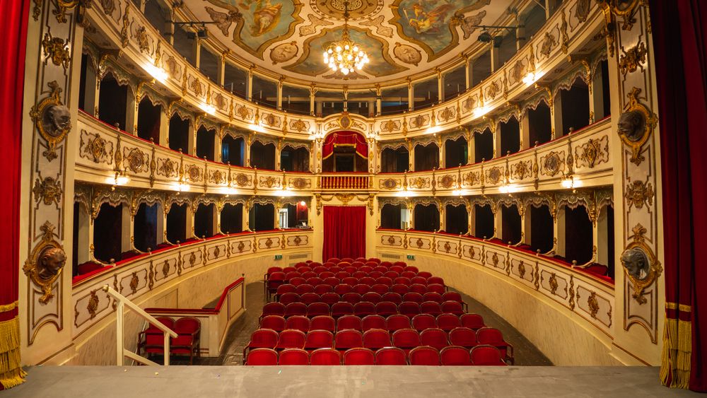 Well-lit Opera House with Beautiful Mural Paintings Ready to Recieve Audience for a Play or Ballet Show