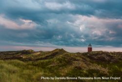 Sunset scenery with lush grass and lighthouse after rain on Sylt island, Germany 0LgYEb